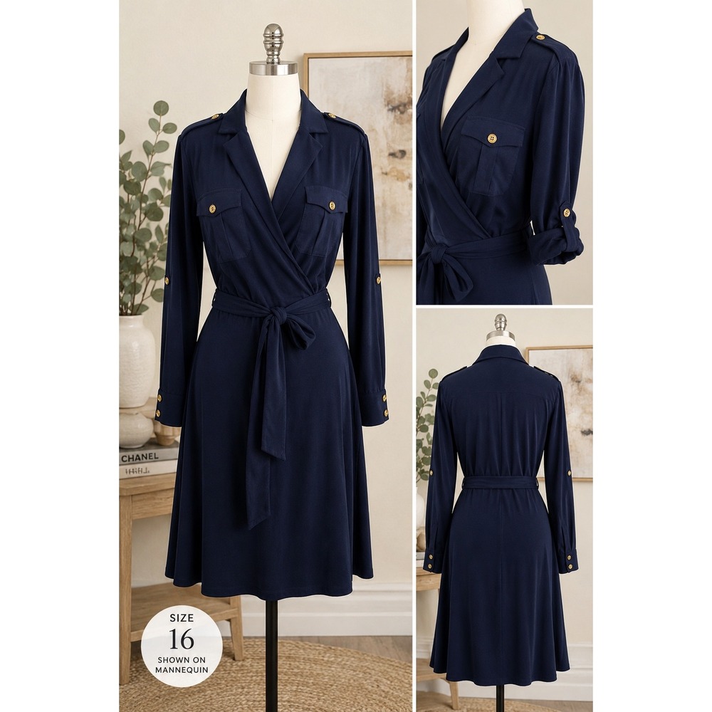 Lauren Ralph Lauren Navy Blue Military Wrap Midi Dress 16 Gold Buttons Jersey
